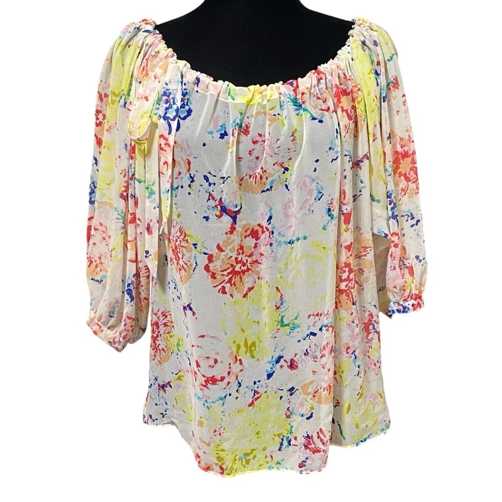 Cabi Watercolor Floral Peasant Blouse Sheer Boho Retro Size Medium